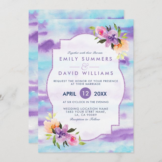 Colourful Flowers BouquetWatercolors Wedding Invit Invitation (Front/Back)