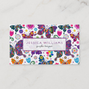 Colourful Flowers & Butterflies Pattern Business Card