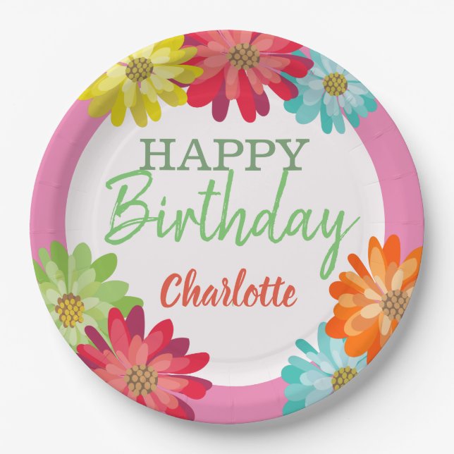 Colourful Flowers Custom Name Happy Birthday  Paper Plate (Front)
