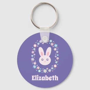 Colourful Flowers Cute Bunny Rabbit Lavender Blue Key Ring