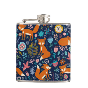 Colourful Flowers & Cute Foxes Pattern Hip Flask