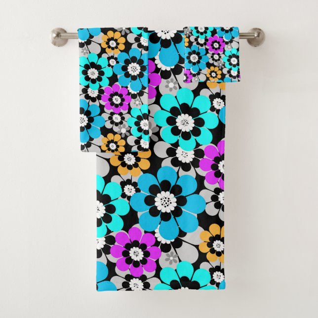Colourful flowers daisies Blue Turquoise Purple  Bath Towel Set (Insitu)
