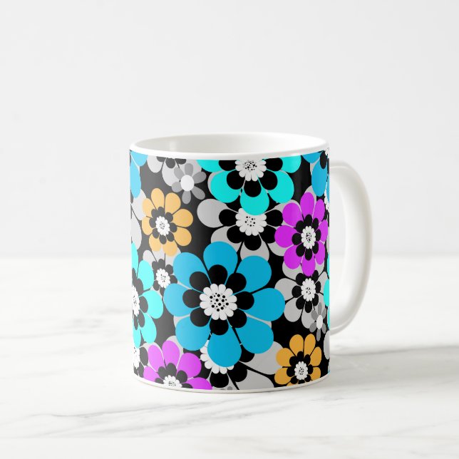 Colourful flowers daisies Blue Turquoise Purple  Coffee Mug (Front Right)