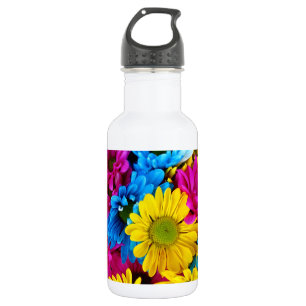 Colourful Flowers, Daisies - Blue Yellow Pink 532 Ml Water Bottle