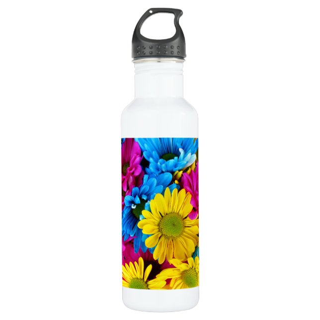 Colourful Flowers, Daisies - Blue Yellow Pink 710 Ml Water Bottle (Front)