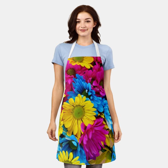Colourful Flowers, Daisies - Blue Yellow Pink Apron (Worn)