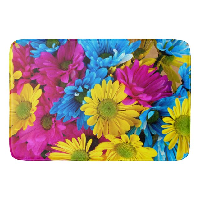 Colourful Flowers, Daisies - Blue Yellow Pink Bath Mat (Front)