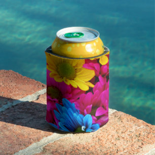 Colourful Flowers, Daisies - Blue Yellow Pink Can Cooler