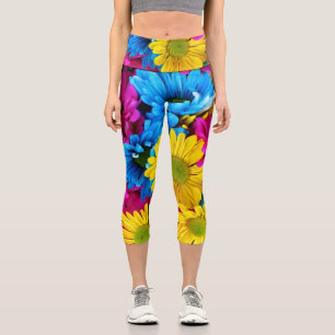 Colourful Flowers, Daisies - Blue Yellow Pink Capri Leggings