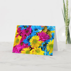Colourful Flowers, Daisies - Blue Yellow Pink Card