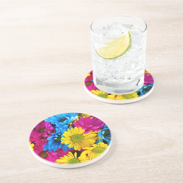 Colourful Flowers, Daisies - Blue Yellow Pink Coaster (Side)