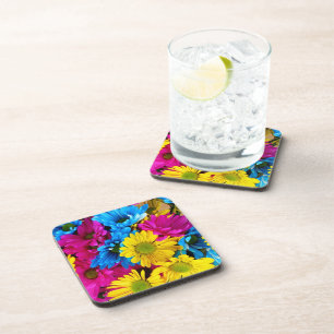 Colourful Flowers, Daisies - Blue Yellow Pink Coaster
