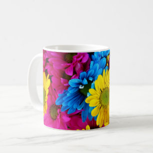 Colourful Flowers, Daisies - Blue Yellow Pink Coffee Mug