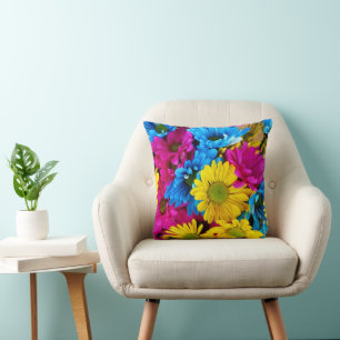 Colourful Flowers, Daisies - Blue Yellow Pink Cushion