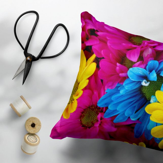 Colourful Flowers, Daisies - Blue Yellow Pink Decorative Cushion (Creator Uploaded)
