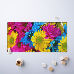 Colourful Flowers, Daisies - Blue Yellow Pink Desk Mat