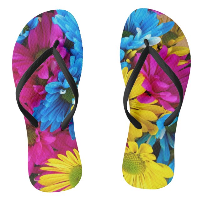 Colourful Flowers, Daisies - Blue Yellow Pink Flip Flops (Footbed)