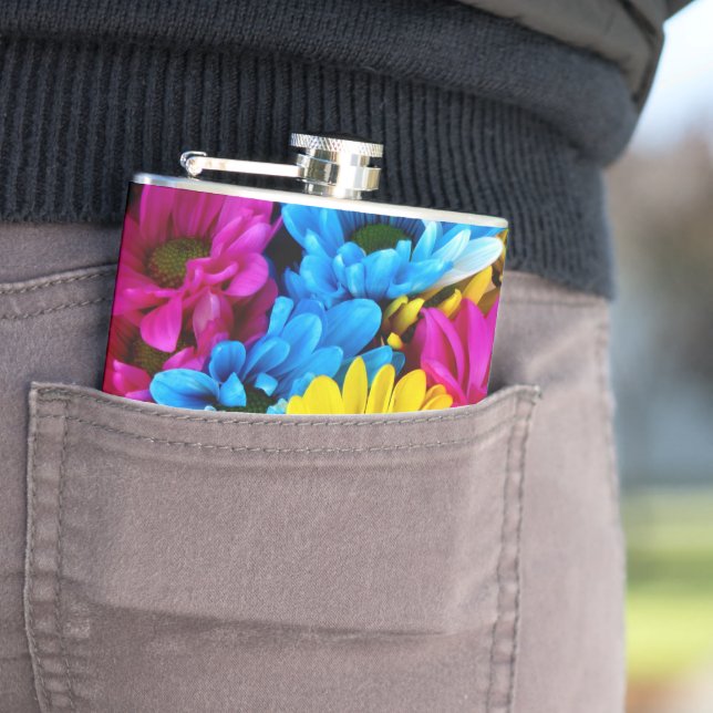 Colourful Flowers, Daisies - Blue Yellow Pink Hip Flask (In Situ)