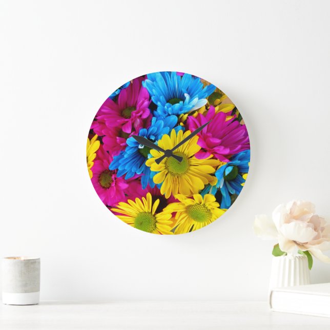 Colourful Flowers, Daisies - Blue Yellow Pink Large Clock (Home)