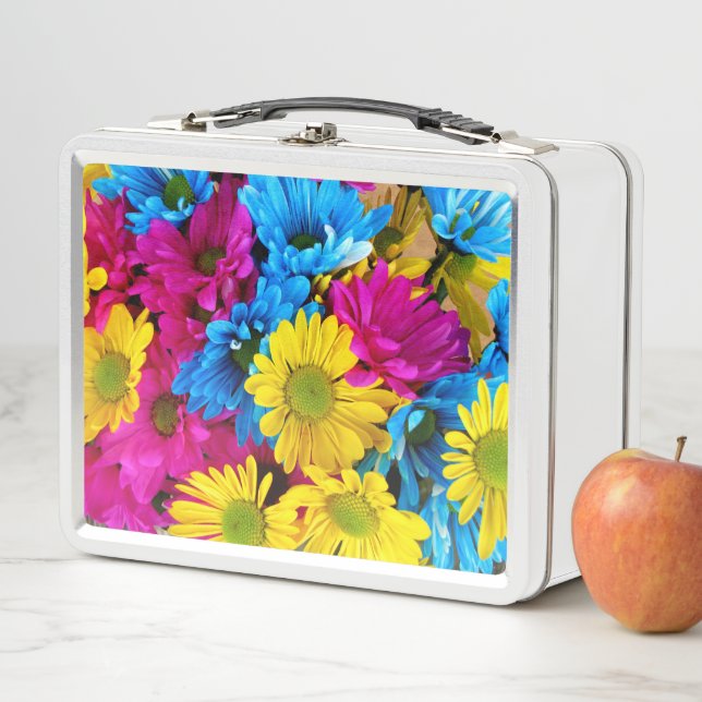 Colourful Flowers, Daisies - Blue Yellow Pink Metal Lunch Box (In Situ)