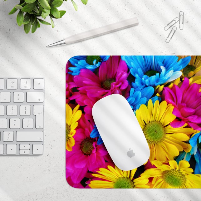 Colourful Flowers, Daisies - Blue Yellow Pink Mouse Mat (Creator Uploaded)
