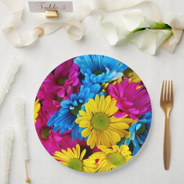 Colourful Flowers, Daisies - Blue Yellow Pink Paper Plate (Wedding)