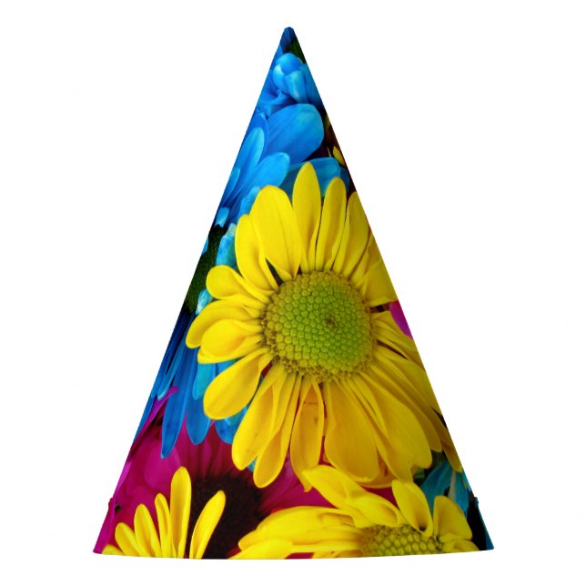 Colourful Flowers, Daisies - Blue Yellow Pink Party Hat (Front)