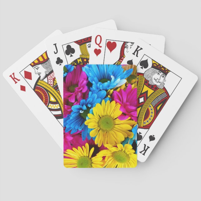 Colourful Flowers, Daisies - Blue Yellow Pink Playing Cards (Back)