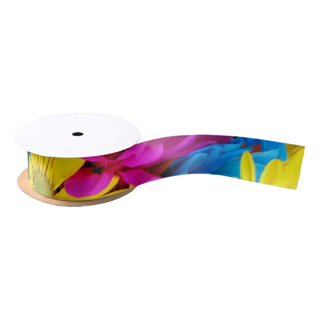 Colourful Flowers, Daisies - Blue Yellow Pink Satin Ribbon (Spool)