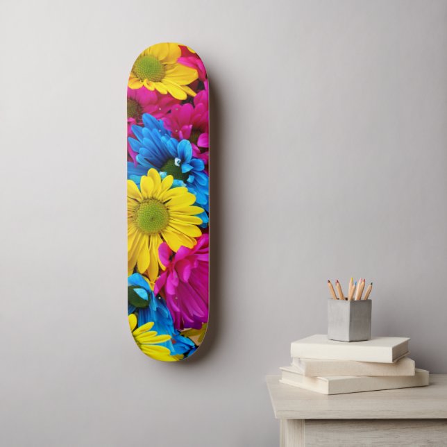 Colourful Flowers, Daisies - Blue Yellow Pink Skateboard (Wall Art)