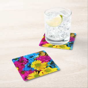 Colourful Flowers, Daisies - Blue Yellow Pink Square Paper Coaster