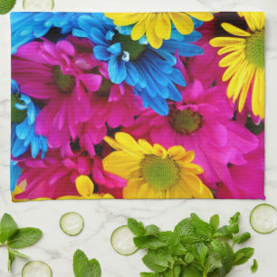 Colourful Flowers, Daisies - Blue Yellow Pink Tea Towel