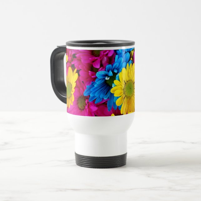 Colourful Flowers, Daisies - Blue Yellow Pink Travel Mug (Front Left)