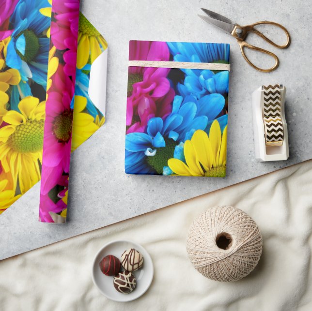 Colourful Flowers, Daisies - Blue Yellow Pink Wrapping Paper (Crafts)