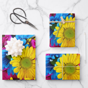 Colourful Flowers, Daisies - Blue Yellow Pink Wrapping Paper Sheet