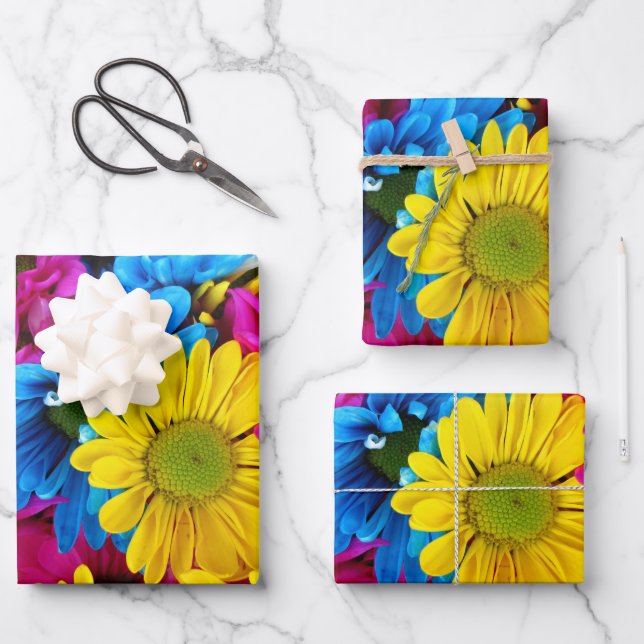 Colourful Flowers, Daisies - Blue Yellow Pink Wrapping Paper Sheet (Front)