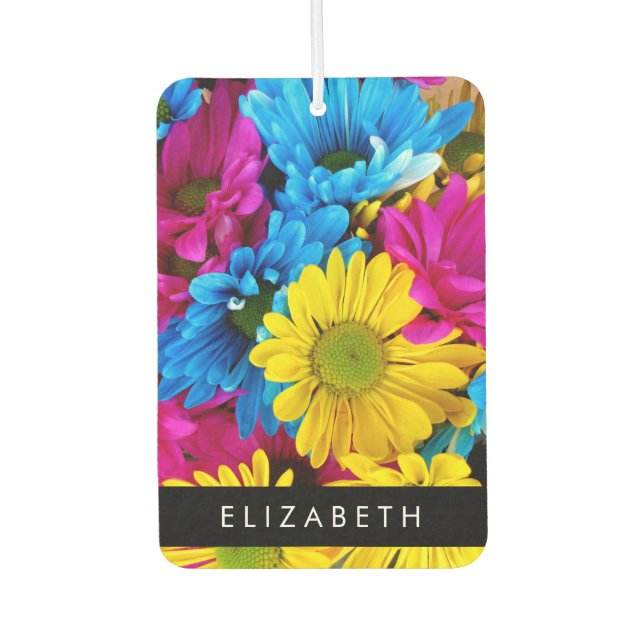 Colourful Flowers, Daisies, Boho, Your Name Car Air Freshener (Front)