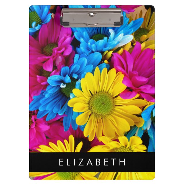 Colourful Flowers, Daisies, Boho, Your Name Clipboard (Front)