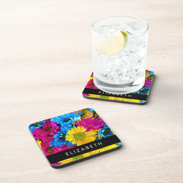 Colourful Flowers, Daisies, Boho, Your Name Coaster (Right Side)