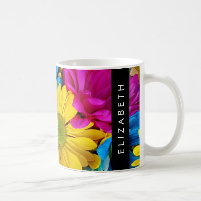 Colourful Flowers, Daisies, Boho, Your Name Coffee Mug (Right)
