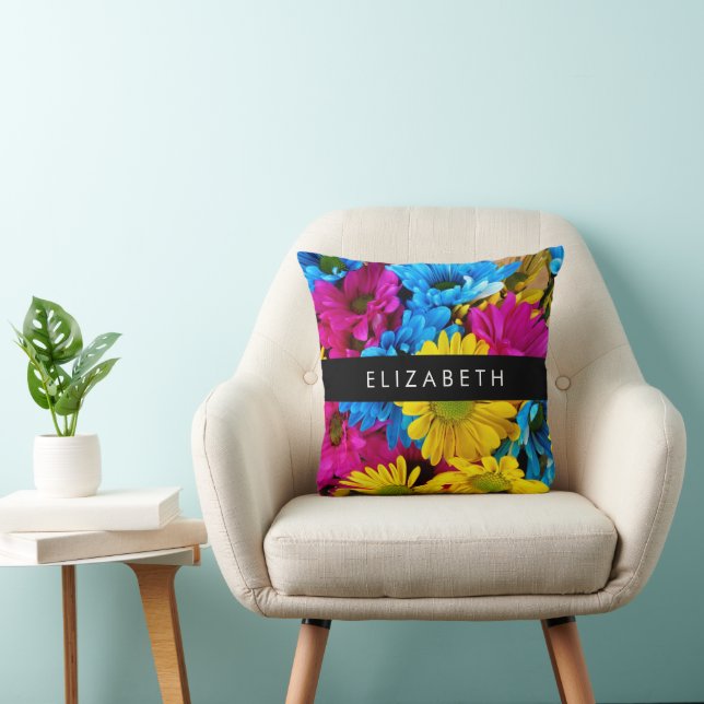 Colourful Flowers, Daisies, Boho, Your Name Cushion (Chair)