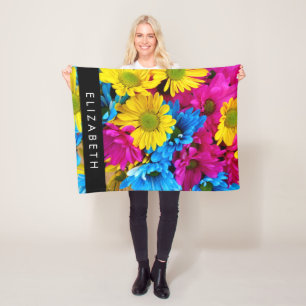 Colourful Flowers, Daisies, Boho, Your Name Fleece Blanket