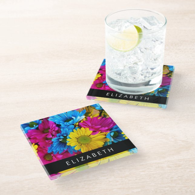 Colourful Flowers, Daisies, Boho, Your Name Glass Coaster (Angled)