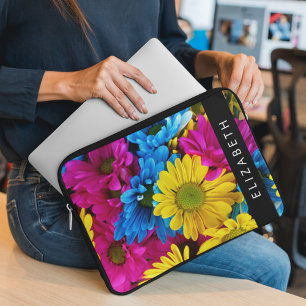 Colourful Flowers, Daisies, Boho, Your Name Laptop Sleeve