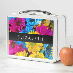 Colourful Flowers, Daisies, Boho, Your Name Metal Lunch Box
