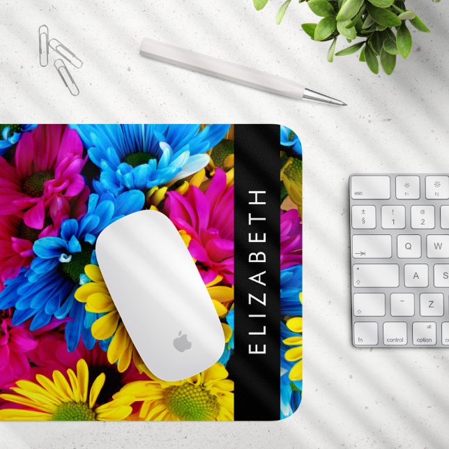 Colourful Flowers, Daisies, Boho, Your Name Mouse Mat (Creator Uploaded)