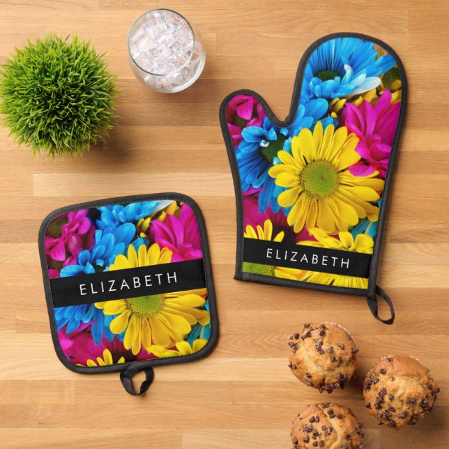 Colourful Flowers, Daisies, Boho, Your Name Oven Mitt & Pot Holder Set (Top Down)