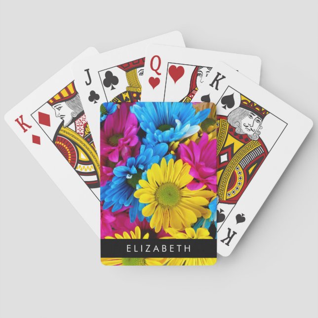 Colourful Flowers, Daisies, Boho, Your Name Playing Cards (Back)