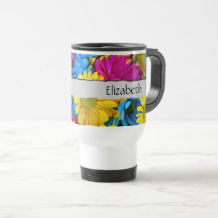 Colourful Flowers, Daisy, Daisies, Your Name Travel Mug