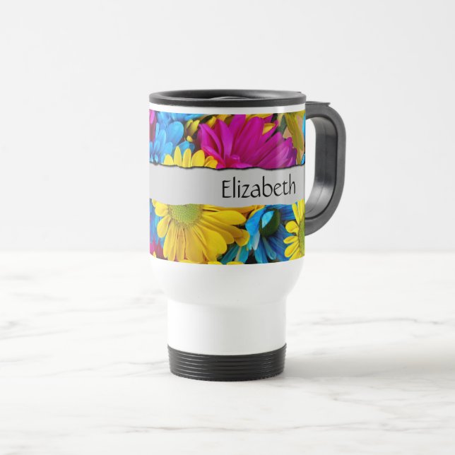Colourful Flowers, Daisy, Daisies, Your Name Travel Mug (Front Right)